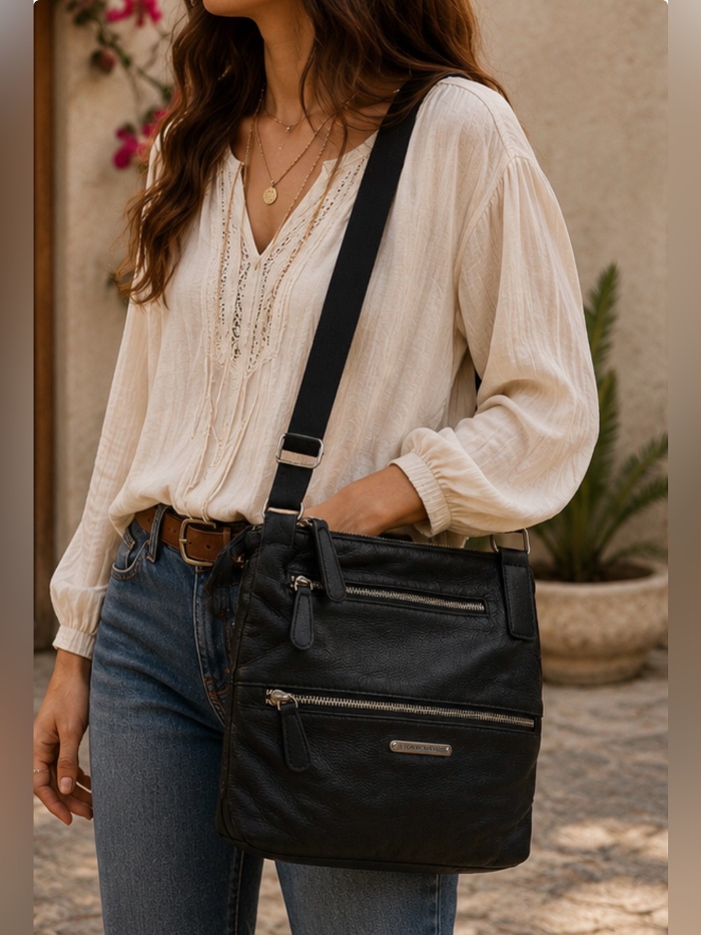 Stone Mountain Black Pebbled Leather Crossbody Bag Multi Zip Adjustable Strap